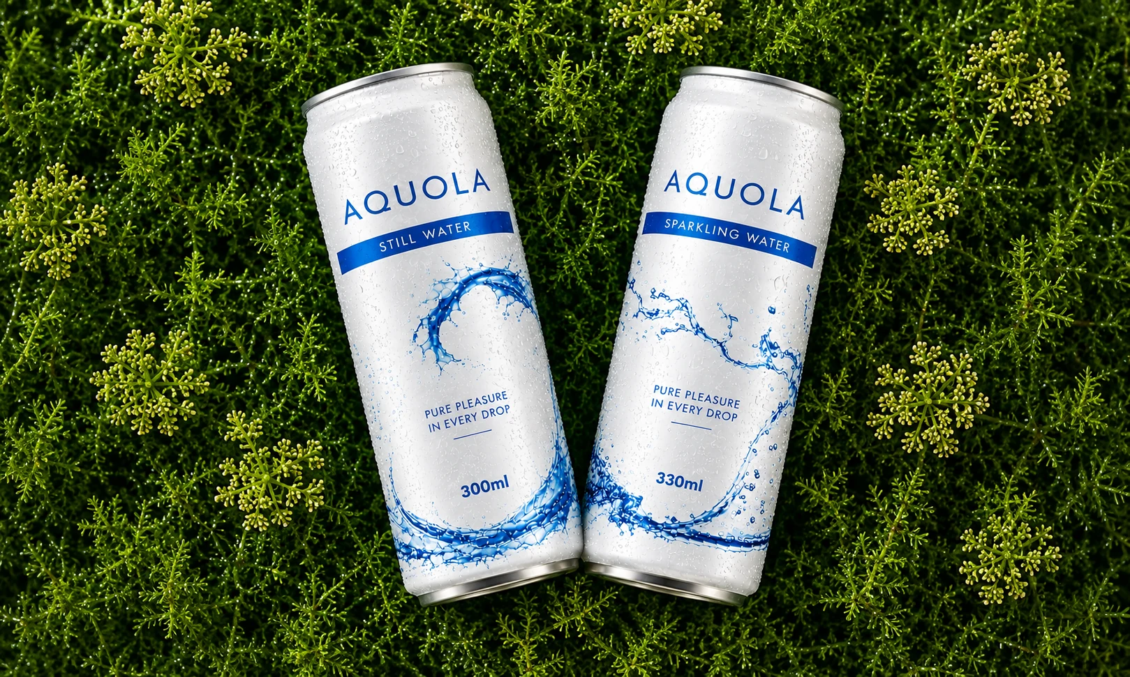 Aquola still and sparkling water cans resting on green foliage