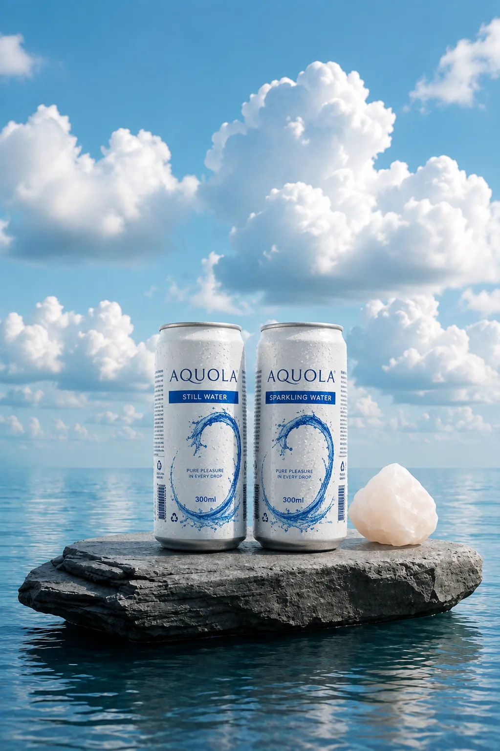 Aquola still and sparkling cans on a rock in calm ocean water