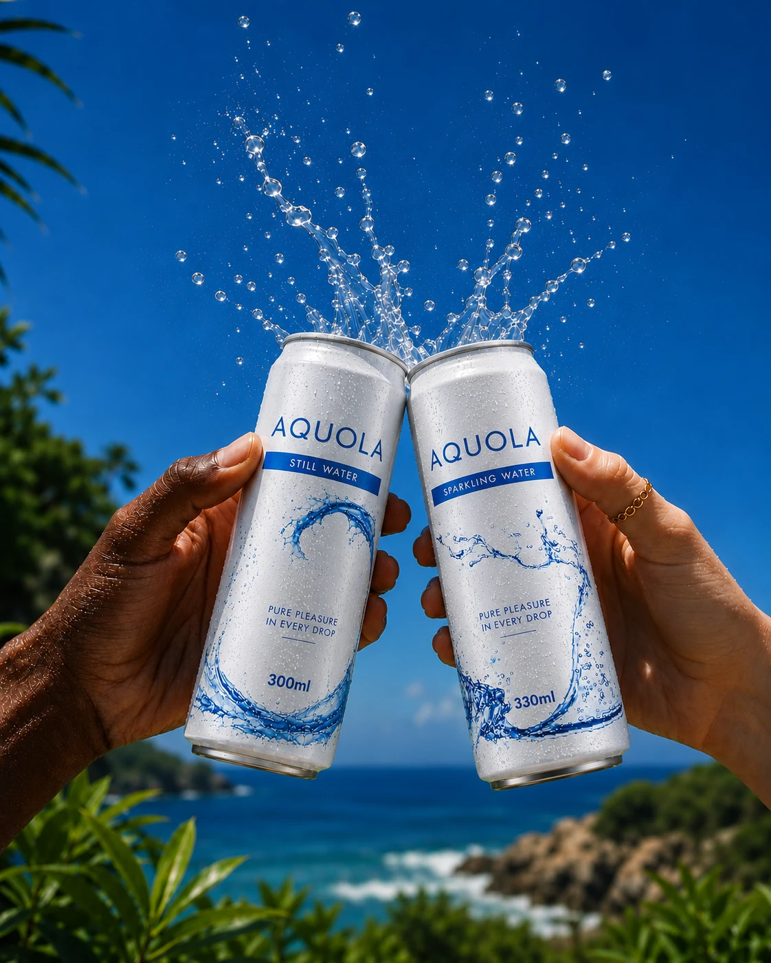 Two hands toasting with Aquola still and sparkling cans against a bright blue ocean